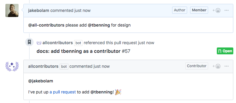 A screenshot of a GitHub comment comment that calls the all contributors bot. 